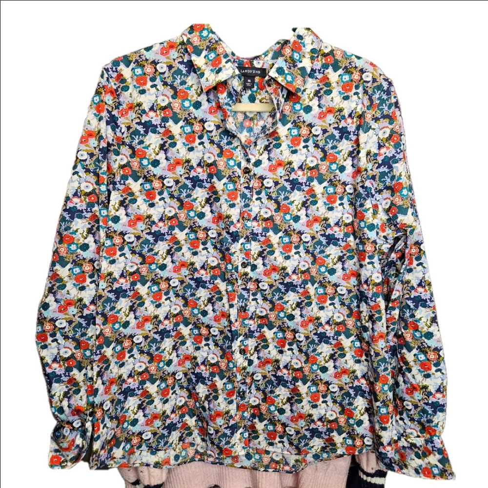 #025 Lands End- No Iron Supima Bright Colored Floral Button Up Blouse- Sz. 16
